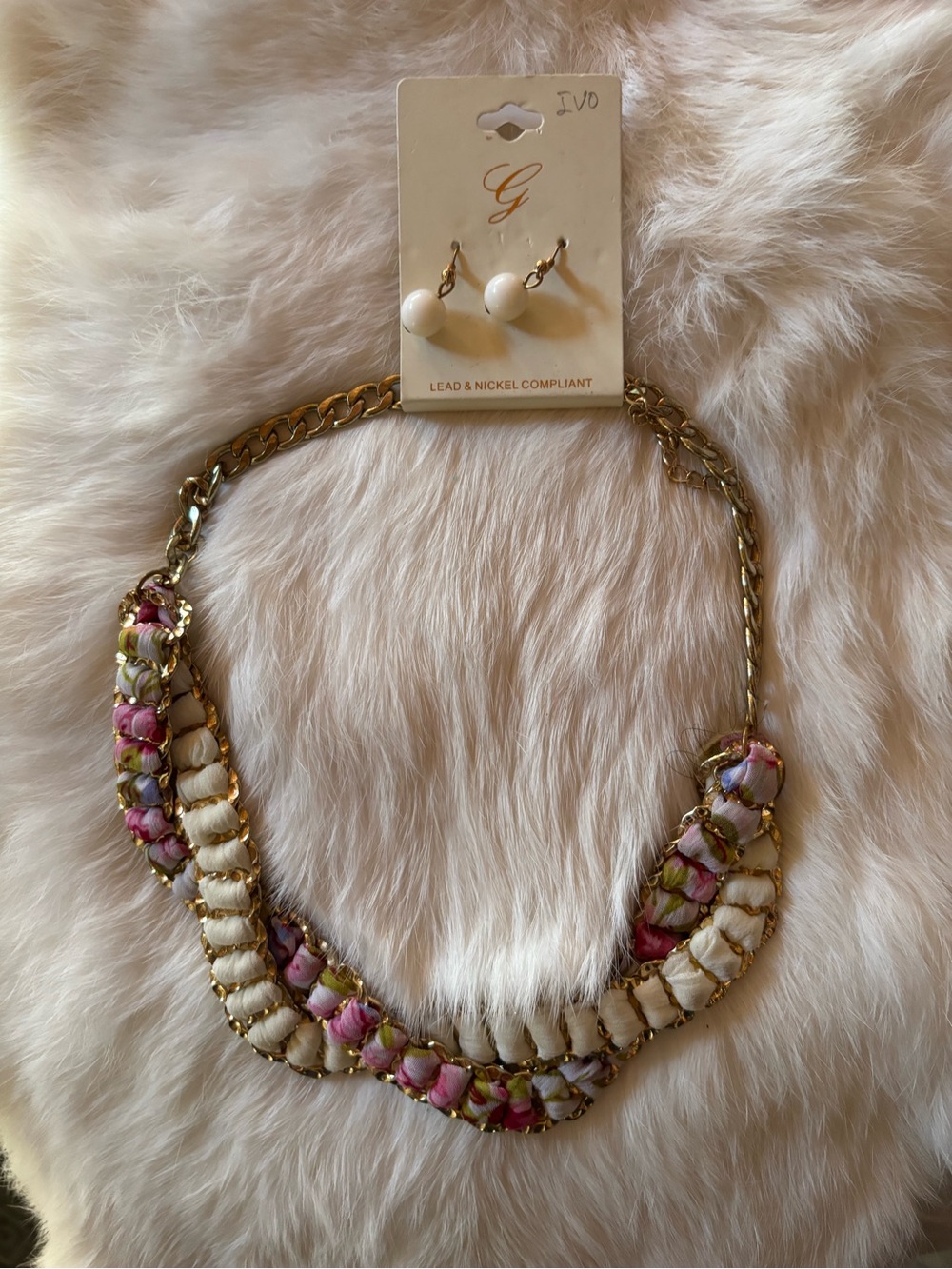 White and Pink Braided Chain Statement Necklace with Matching Earrings